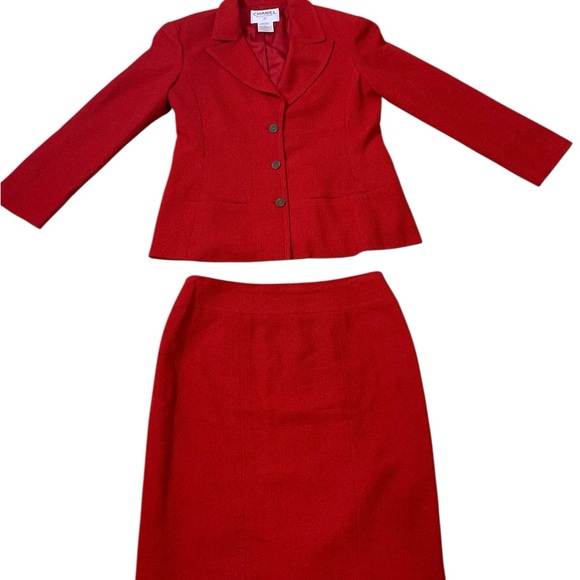 Vintage CHANEL 1998 Red Tweed 2 Piece Jacket Skirt Set Size‎ 46 - Picture 2 of 15